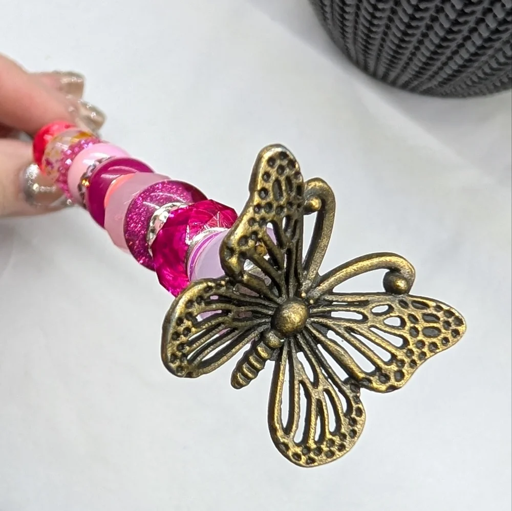 Pink Beaded Fairy Wand/Plant/Garden Stake W/Metal Butterfly Topper 🦋